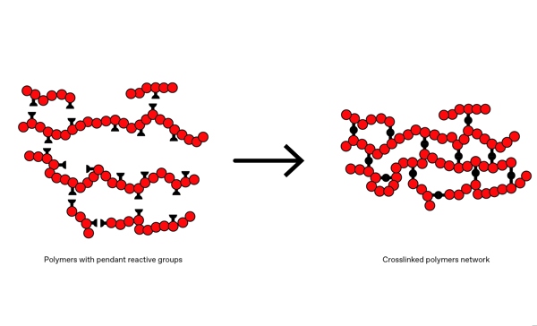 Illustration of polymer chemistry transforming formulations into post-polymer crosslinking solids